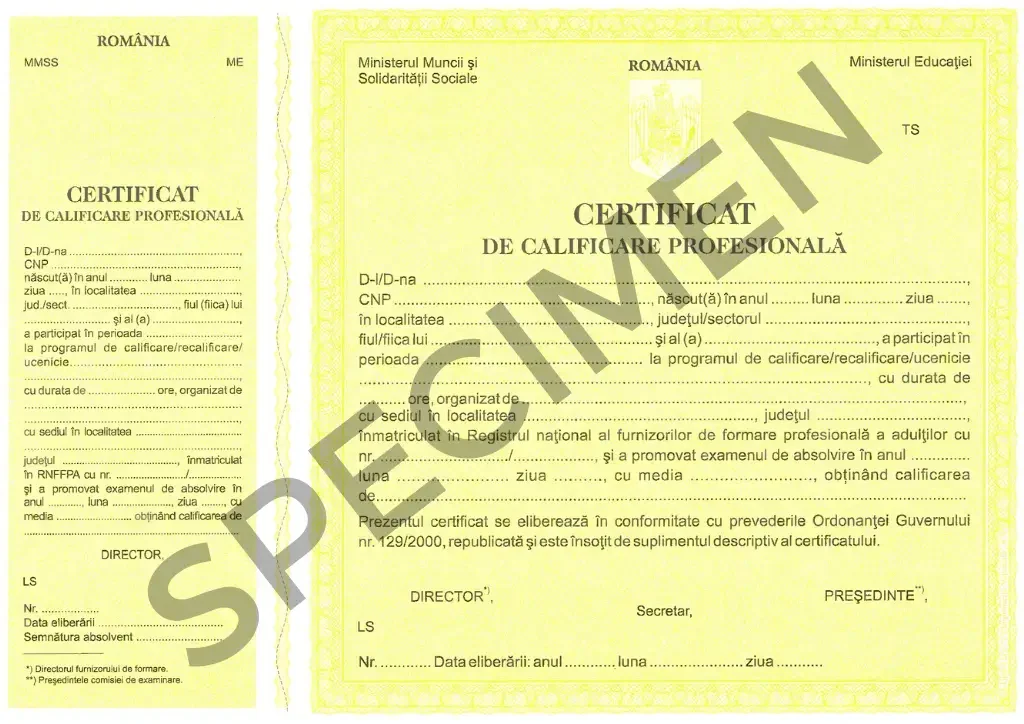 Model de certificat de calificare profesională (specimen), primit la cursurile de calificare