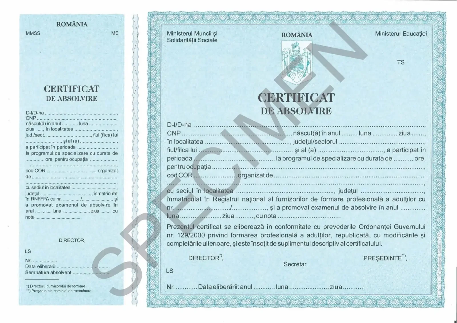 Model de certificat de absolvire (specimen), primit la cursurile de specializare
